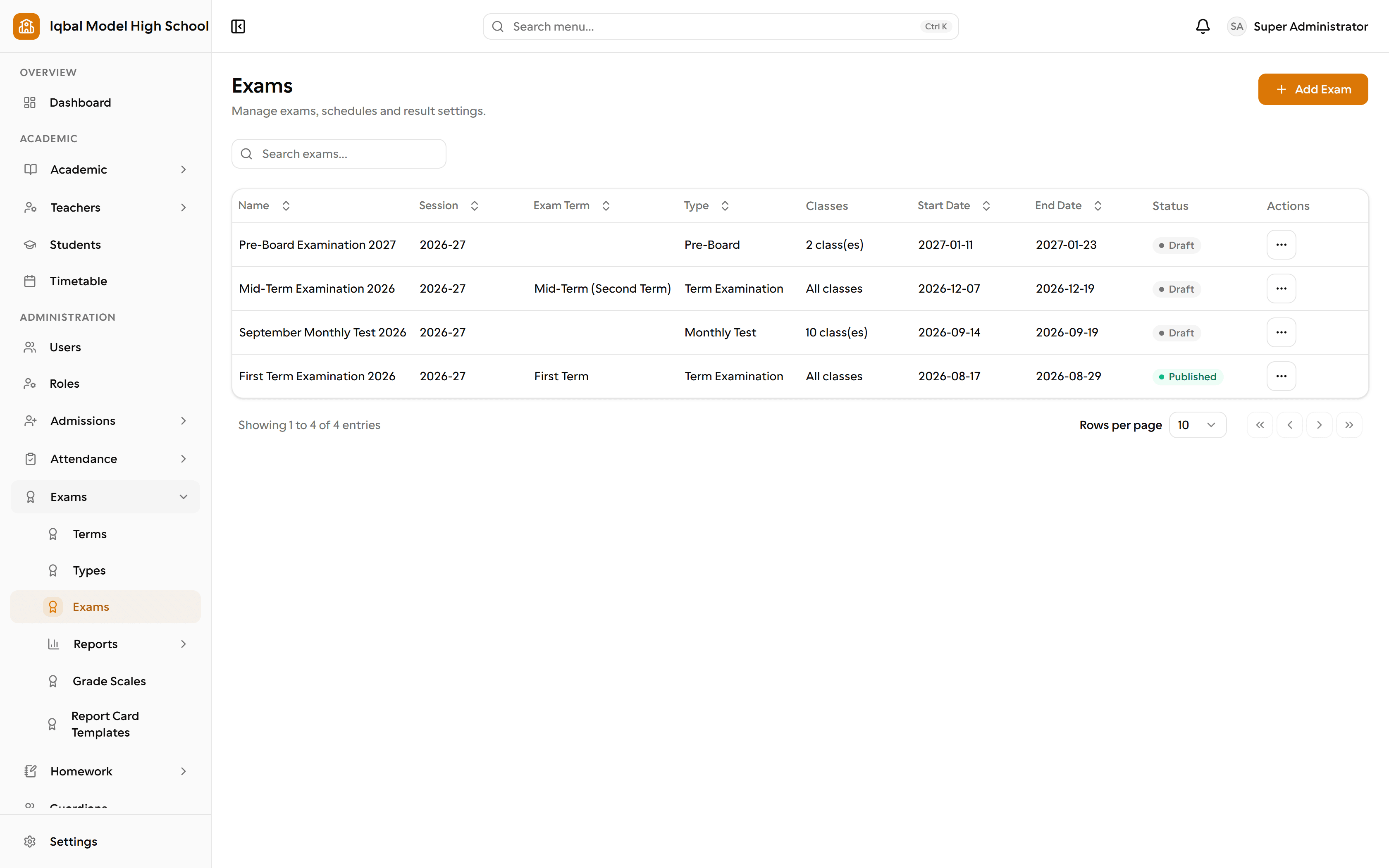 The EDUTIG exams screen. A table lists a pre-board, a mid-term, a monthly test and a first term examination with their type, classes, start and end dates and a draft or published status. The side menu lists terms, types, exams, reports, grade scales and report card templates.