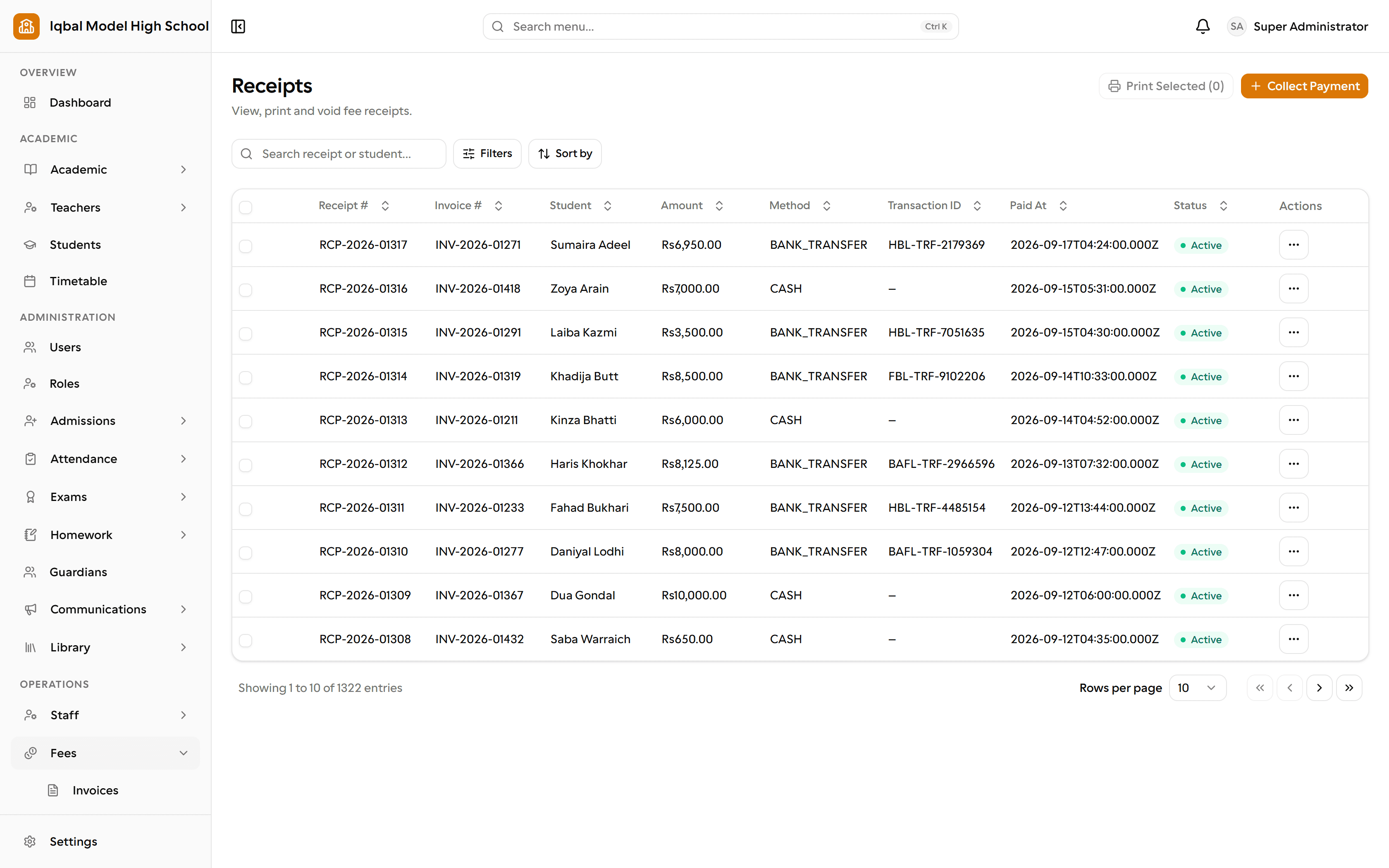 The EDUTIG receipts screen. A table lists numbered receipts with the matching invoice number, student, amount, payment method, transaction reference, time paid and status, with a Collect Payment button above it.